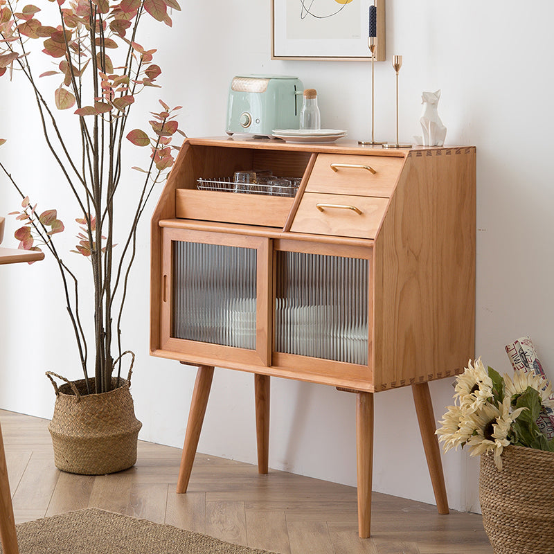 Contemporary Storage Pine Wood Sideboard Cabinet with Glass Doors