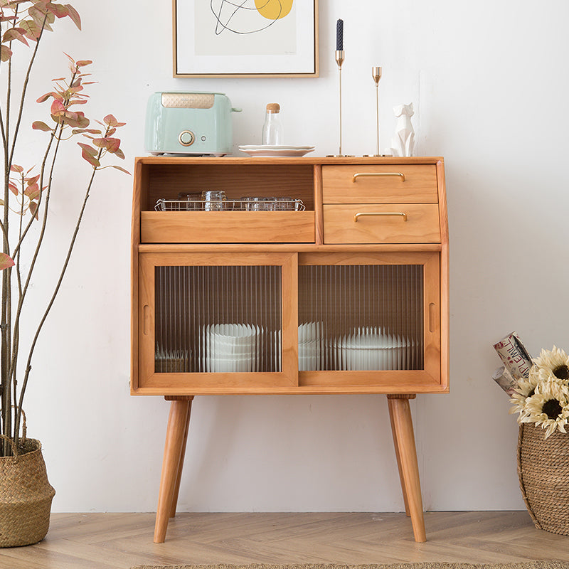 Contemporary Storage Pine Wood Sideboard Cabinet with Glass Doors