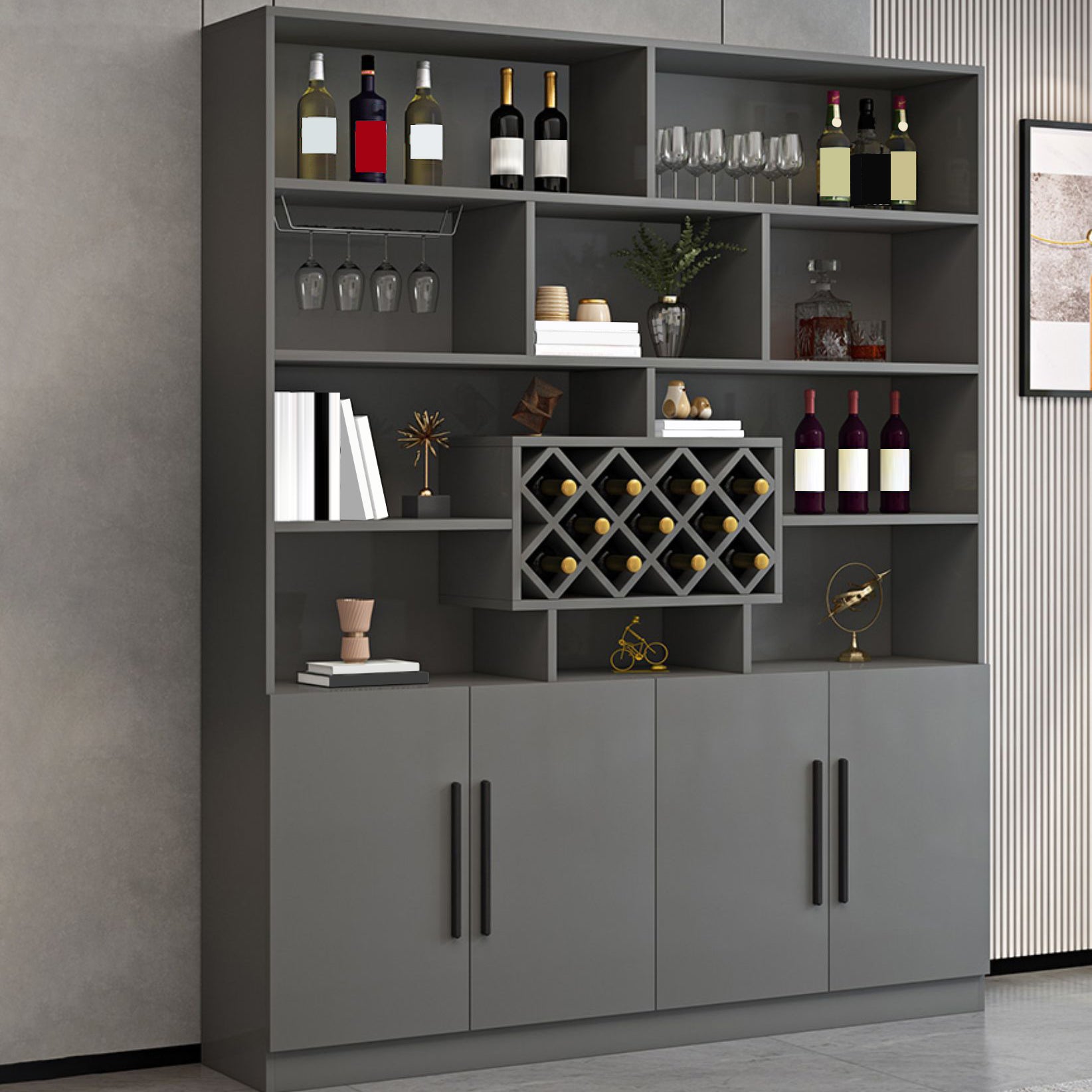 Modern Style Manufactured Wood Floor Wine Bottle Holder with Storage Shelves