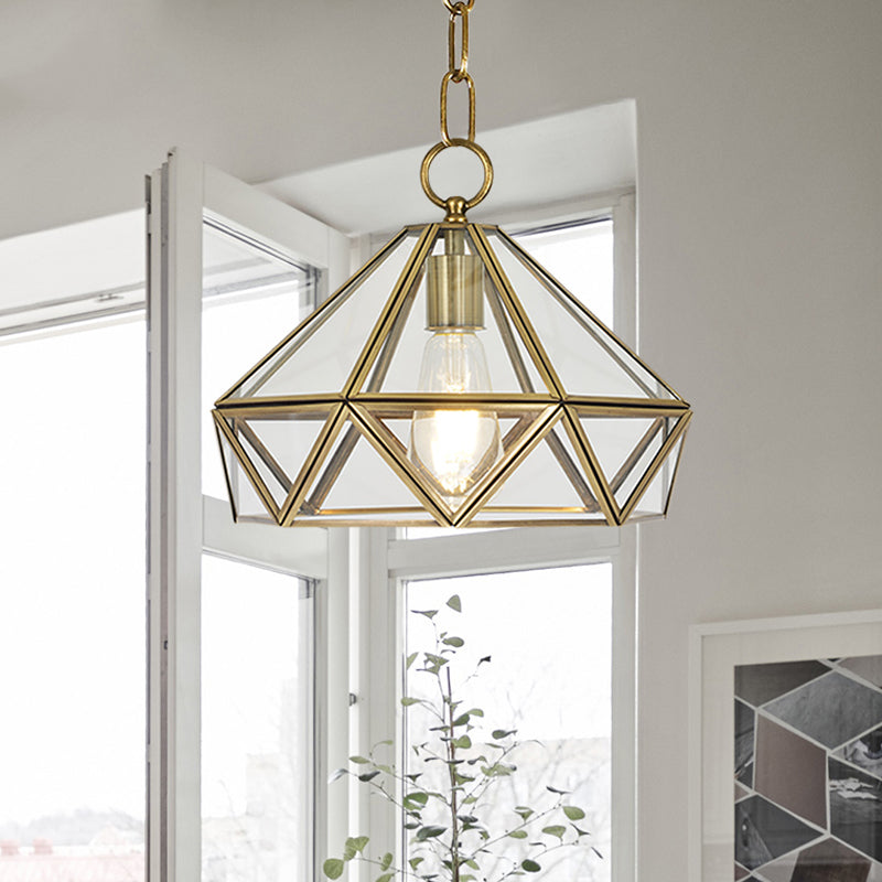 Colonial Diamond Shape Pendant Lighting 1 Bulb Clear Glass Ceiling Hang Fixture in Brass for Bedroom
