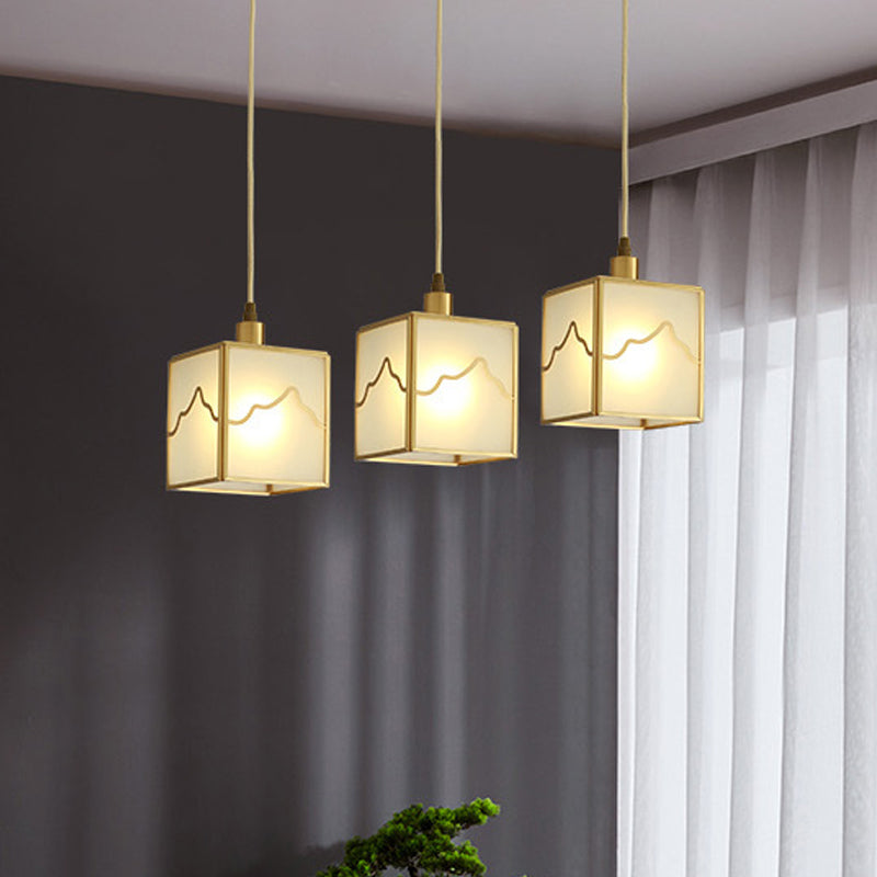 1-Light Cube Hanging Light Kit Minimalist Brass Finish Translucent Glass Suspension Lamp