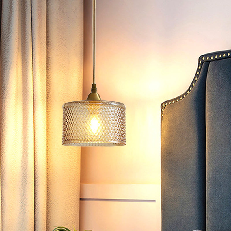 Small Drum Bedside Ceiling Pendant Light Simple Latticed Glass 1 Head Brass Pendulum Lamp