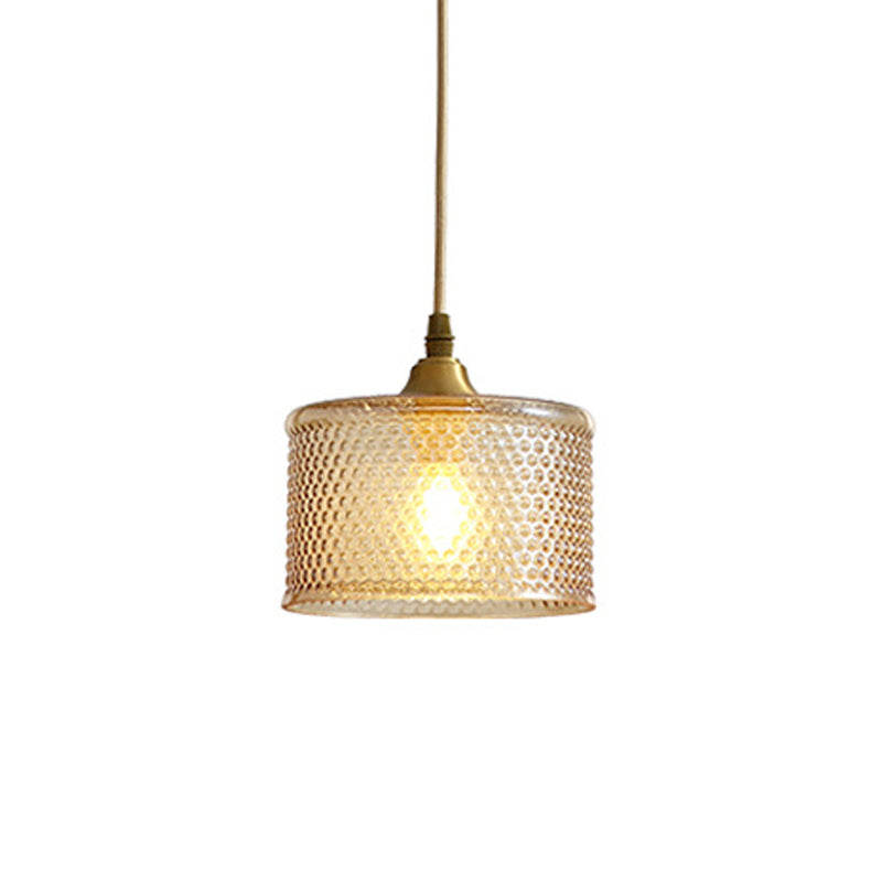 Small Drum Bedside Ceiling Pendant Light Simple Latticed Glass 1 Head Brass Pendulum Lamp