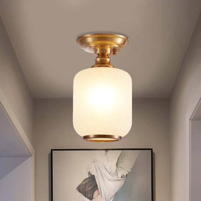 1 Head Semi Mount Lighting Vintage Corridor Flush Lamp Fixture with Lantern Opal Glass Shade in Brass