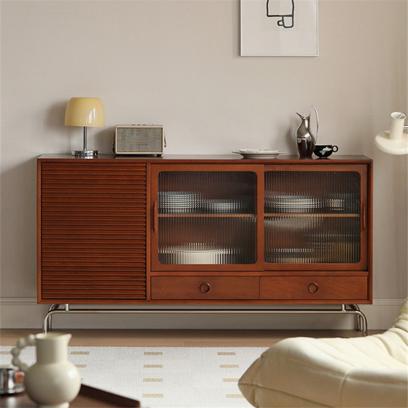 Contemporary Glass Doors Sideboard Cabinet with Storage in Brown