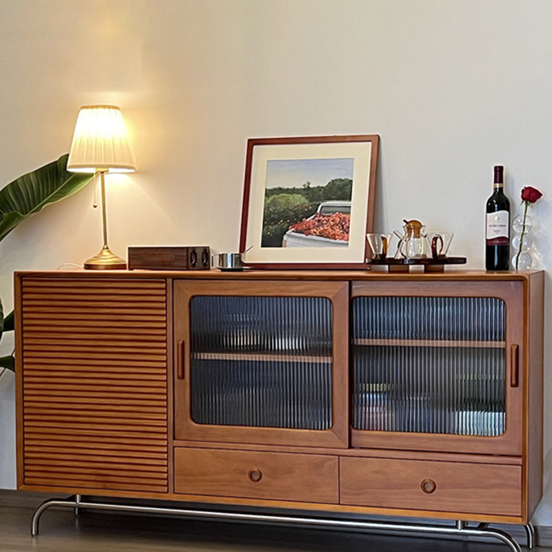 Contemporary Glass Doors Sideboard Cabinet with Storage in Brown