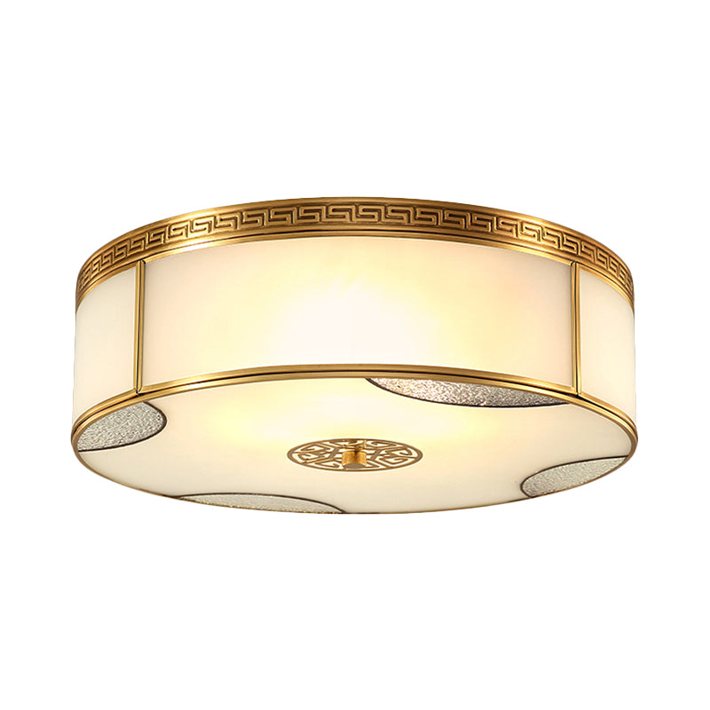 14"/18" Wide 3/4-Light Flush Mount Fixture Traditional Drum Frosted Glass Flush Ceiling Lighting in Brass