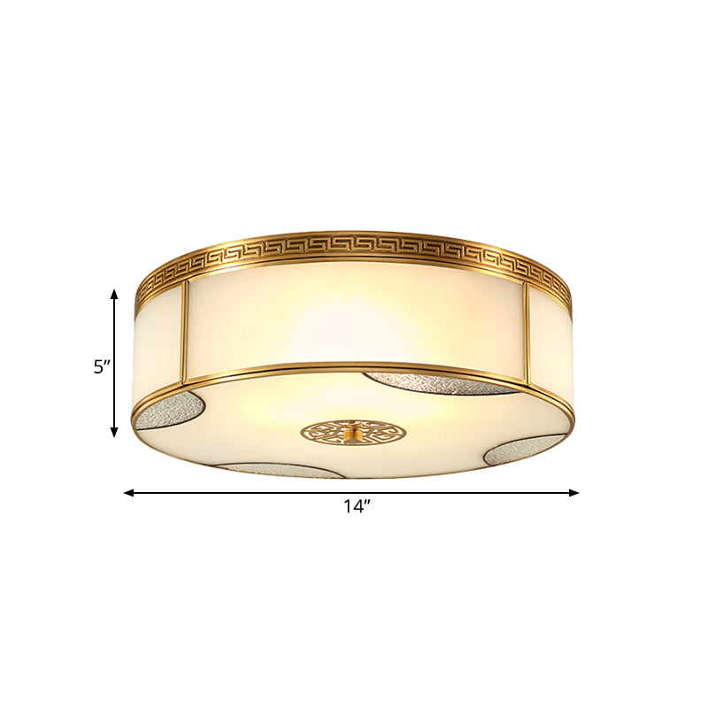 14"/18" Wide 3/4-Light Flush Mount Fixture Traditional Drum Frosted Glass Flush Ceiling Lighting in Brass