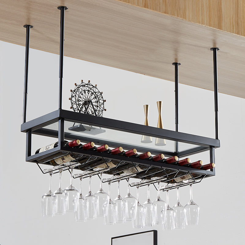 Metal Industrial Wine Holder Rack Hanging with Glass Holder and Storage Shelf