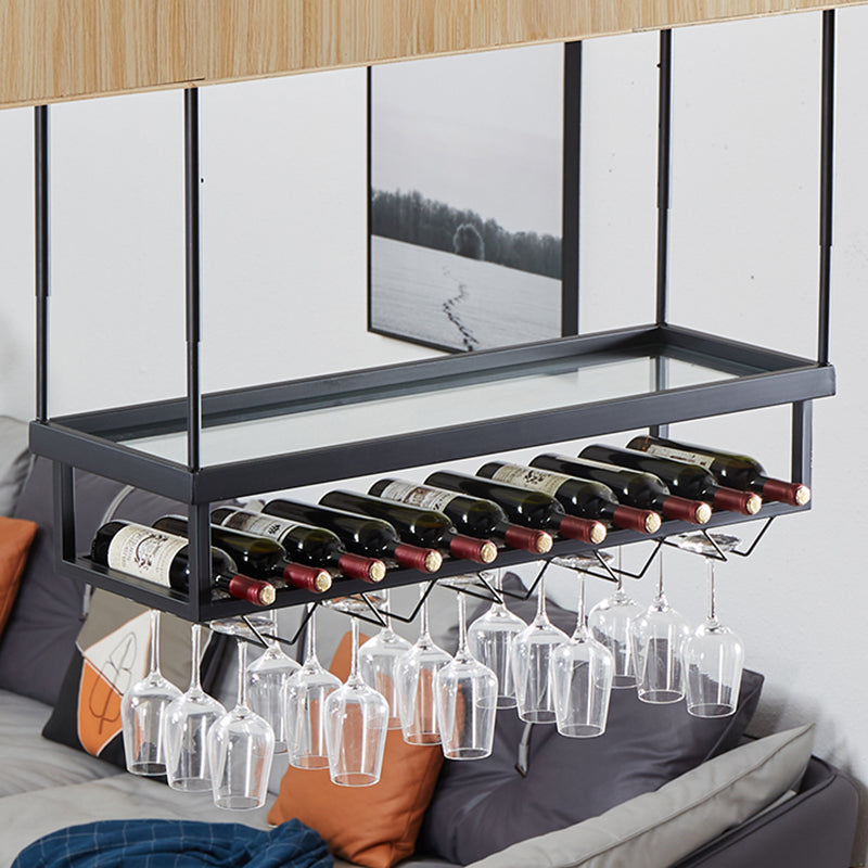 Metal Industrial Wine Holder Rack Hanging with Glass Holder and Storage Shelf