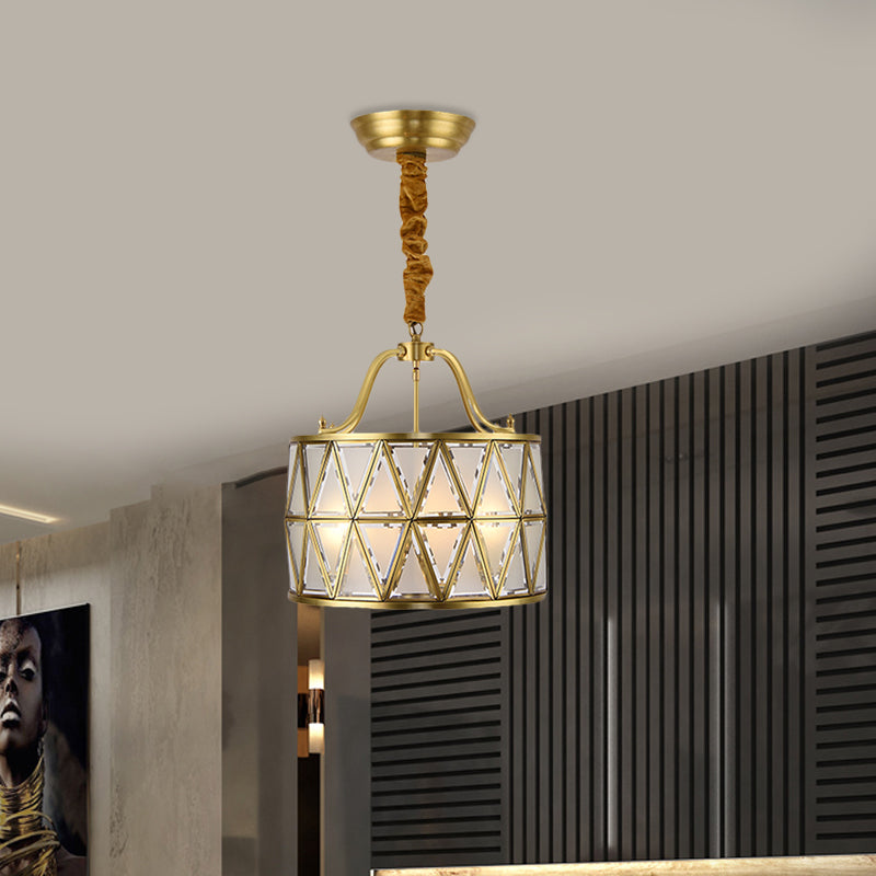 4-Bulb Drum Ceiling Chandelier Vintage Brass Finish Metallic Suspension Light for Dining Room