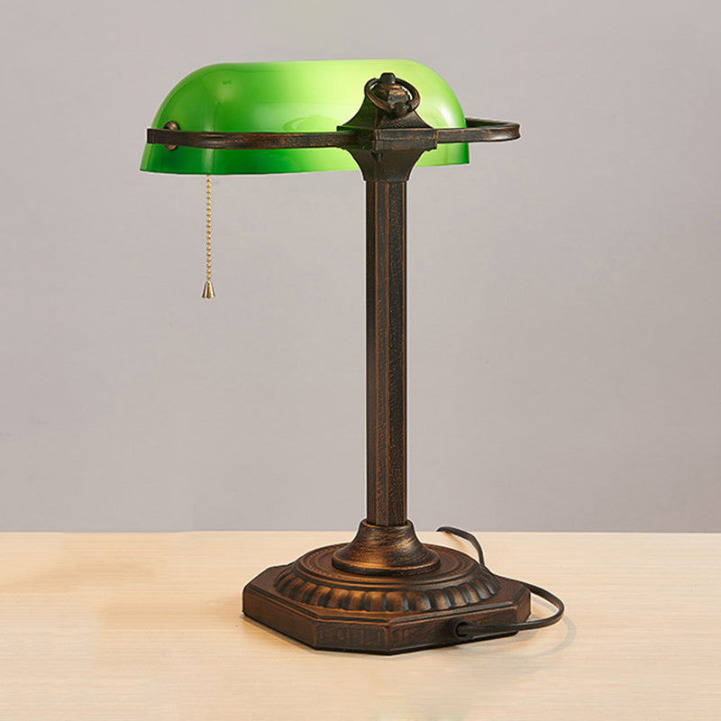 Retro Adjustable Pull Chain Table Lamp 1 Bulb Green Glass Night Light in Antiqued Bronze