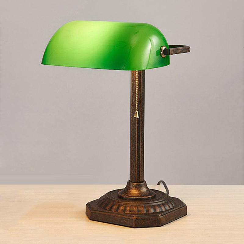 Retro Adjustable Pull Chain Table Lamp 1 Bulb Green Glass Night Light in Antiqued Bronze