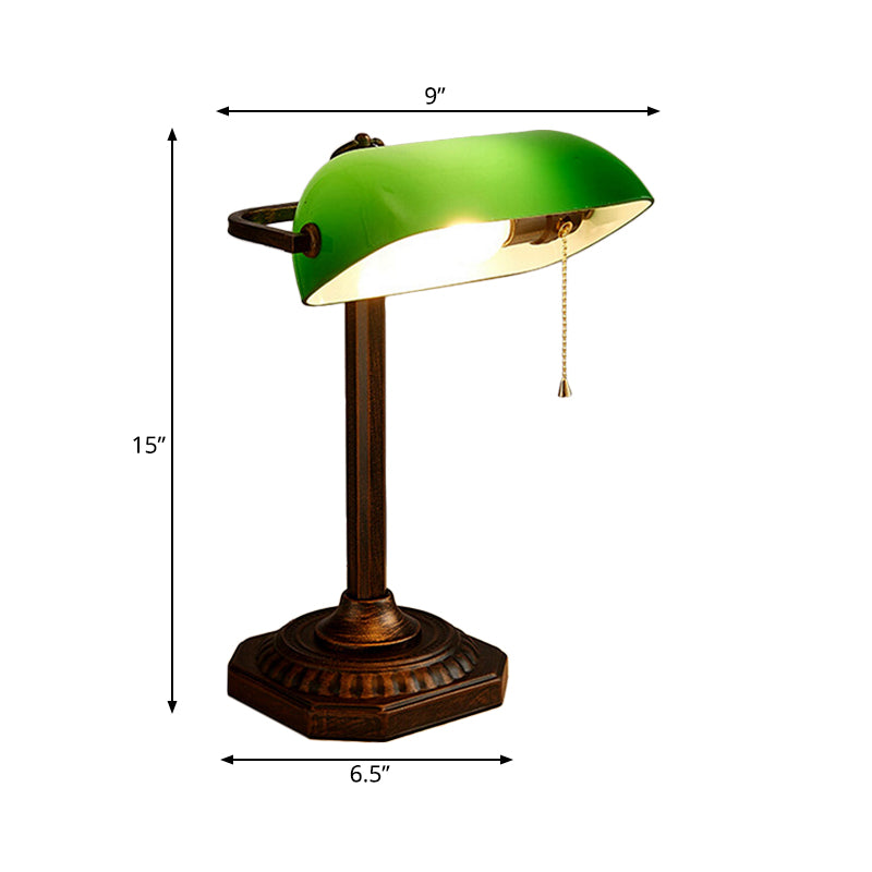 Retro Adjustable Pull Chain Table Lamp 1 Bulb Green Glass Night Light in Antiqued Bronze