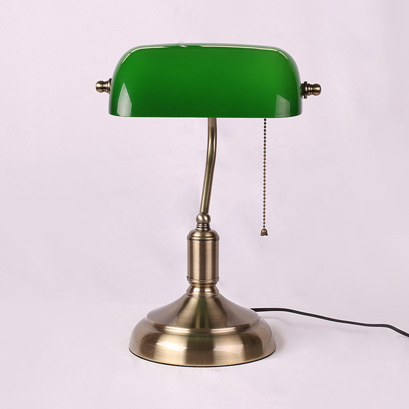 Single Swivelable Shaded Table Lighting Retro Green Glass Nightstand Lamp with Pull Chain in Polished Brass