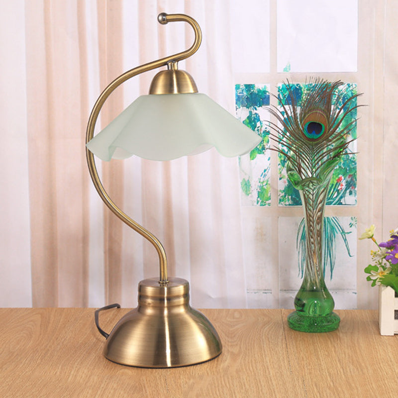 Brass Curvaceous Night Light Vintage Style Metal 1 Bulb Sitting Room Table Lamp with Ruffle Milk Glass Lampshade