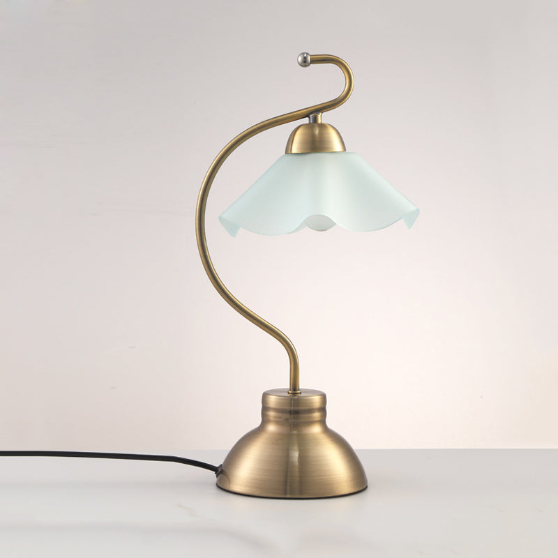 Brass Curvaceous Night Light Vintage Style Metal 1 Bulb Sitting Room Table Lamp with Ruffle Milk Glass Lampshade