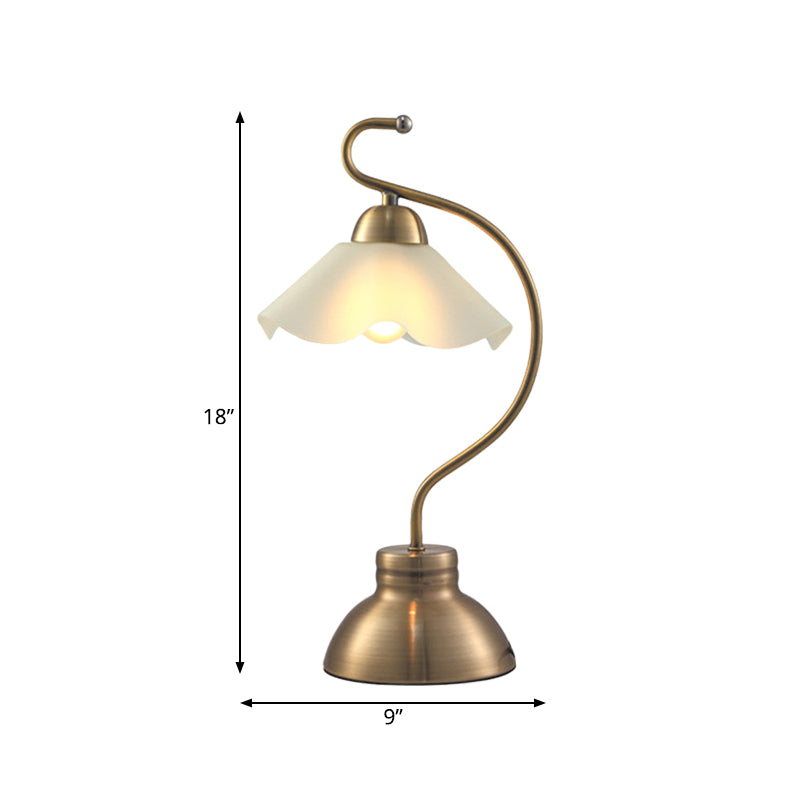 Brass Curvaceous Night Light Vintage Style Metal 1 Bulb Sitting Room Table Lamp with Ruffle Milk Glass Lampshade