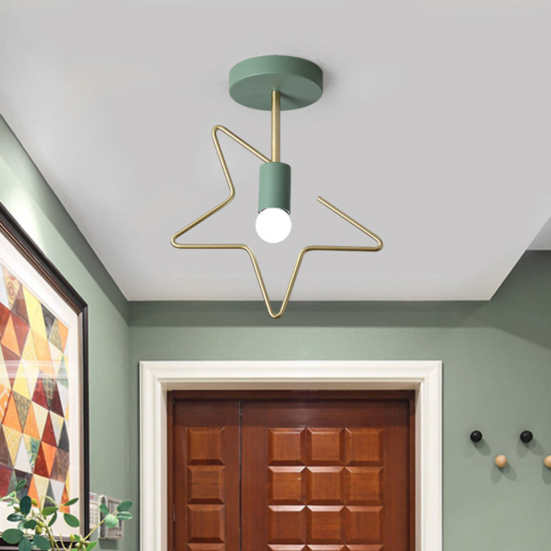 Star/Loving Heart Frame Semi Flush Macaron Iron 1-Light Grey/White/Green Finish Close to Ceiling Lighting for Hallway