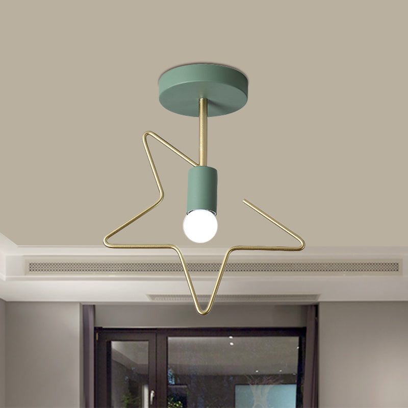 Star/Loving Heart Frame Semi Flush Macaron Iron 1-Light Grey/White/Green Finish Close to Ceiling Lighting for Hallway