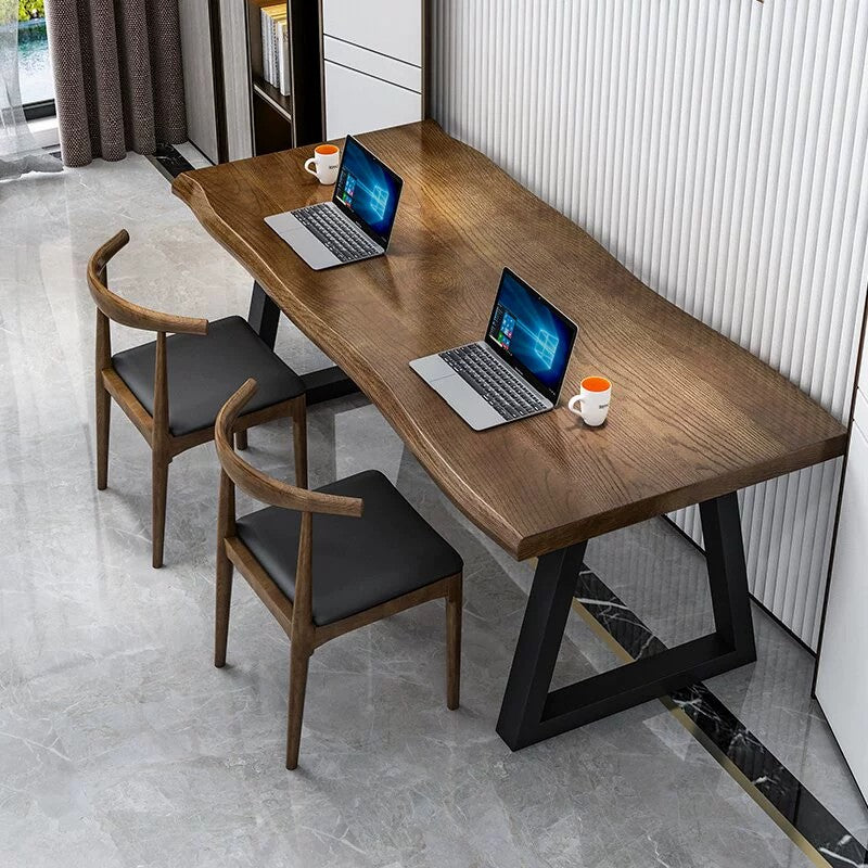 Irregular Shaped Office Writing Table Solid Wood in Brown with Metal Legs