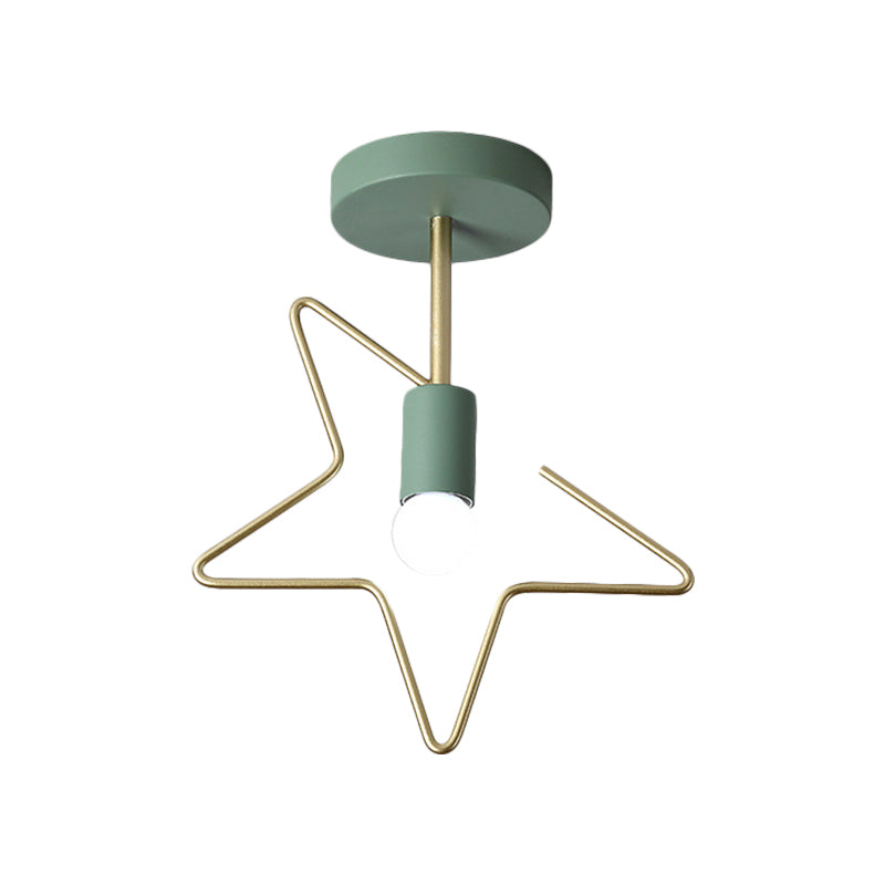 Star/Loving Heart Frame Semi Flush Macaron Iron 1-Light Grey/White/Green Finish Close to Ceiling Lighting for Hallway