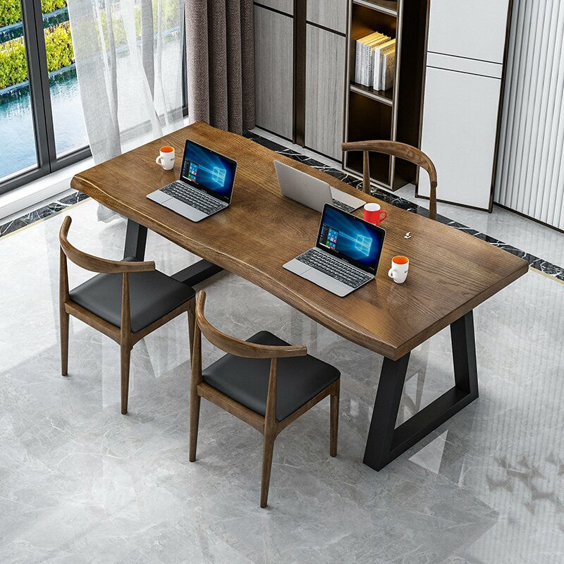 Irregular Shaped Office Writing Table Solid Wood in Brown with Metal Legs