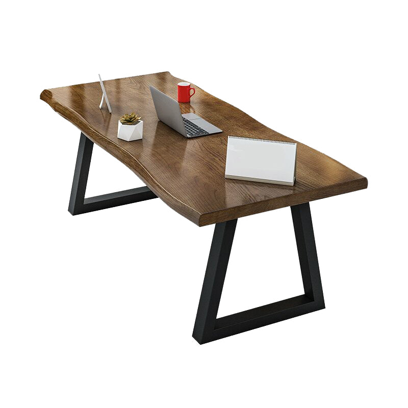 Irregular Shaped Office Writing Table Solid Wood in Brown with Metal Legs