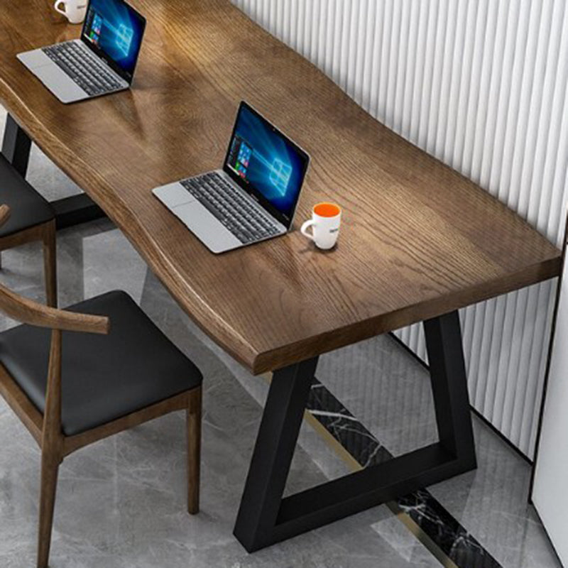 Irregular Shaped Office Writing Table Solid Wood in Brown with Metal Legs