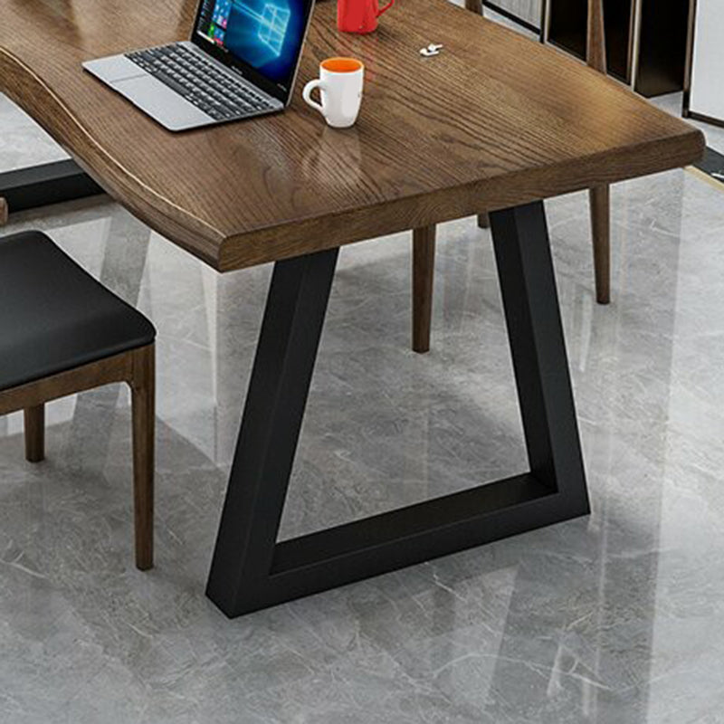 Irregular Shaped Office Writing Table Solid Wood in Brown with Metal Legs