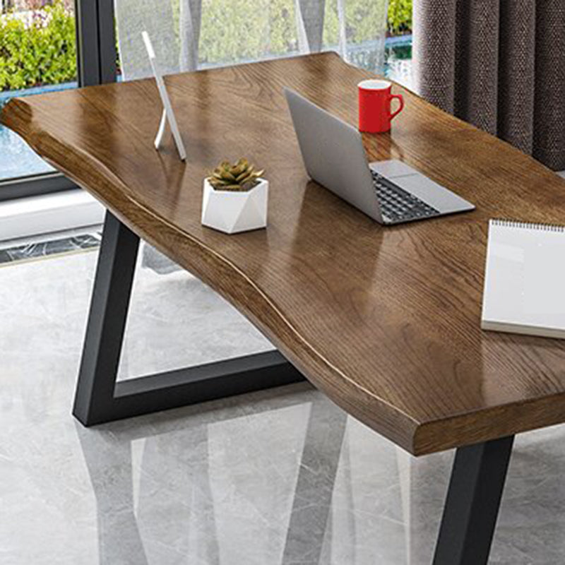 Irregular Shaped Office Writing Table Solid Wood in Brown with Metal Legs