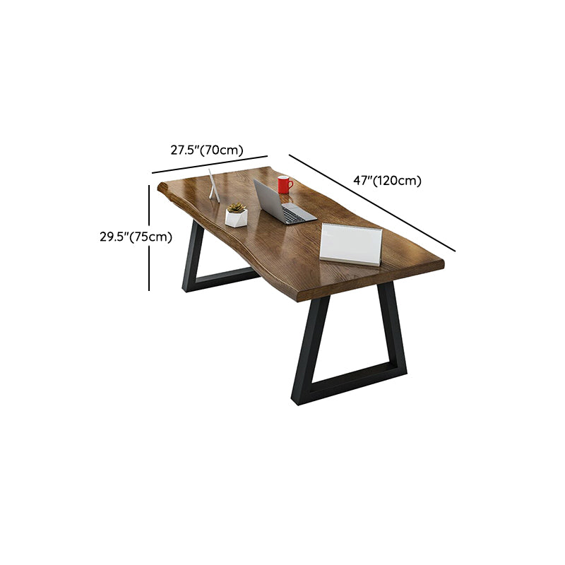 Irregular Shaped Office Writing Table Solid Wood in Brown with Metal Legs