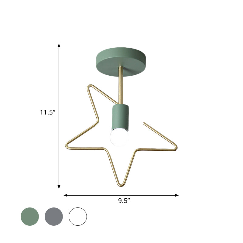 Star/Loving Heart Frame Semi Flush Macaron Iron 1-Light Grey/White/Green Finish Close to Ceiling Lighting for Hallway