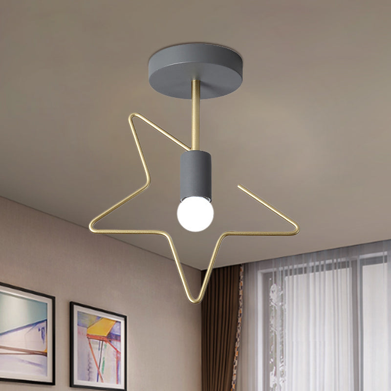 Star/Loving Heart Frame Semi Flush Macaron Iron 1-Light Grey/White/Green Finish Close to Ceiling Lighting for Hallway