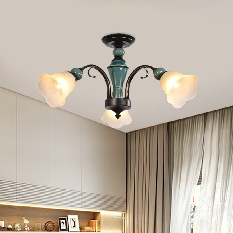 Petal Living Room Semi Flush Mount Light Rural Style 3/5/6 Lights Black Finish Ceiling Lighting with Swooping Arm