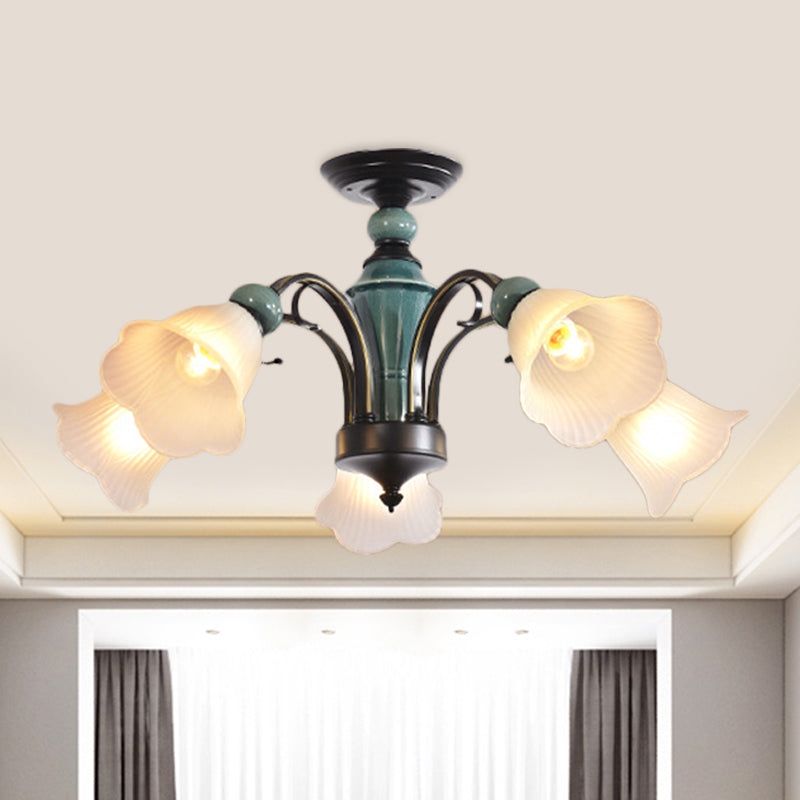 Petal Living Room Semi Flush Mount Light Rural Style 3/5/6 Lights Black Finish Ceiling Lighting with Swooping Arm