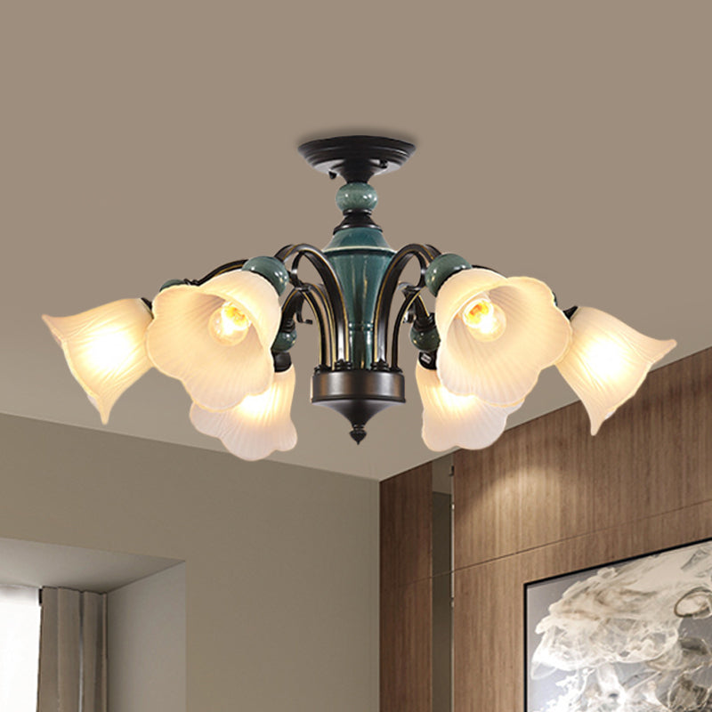 Petal Living Room Semi Flush Mount Light Rural Style 3/5/6 Lights Black Finish Ceiling Lighting with Swooping Arm