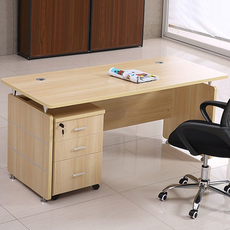 Rectangular Shaped Office Desk Wood with 0/3 Drawers in Natural/Brown