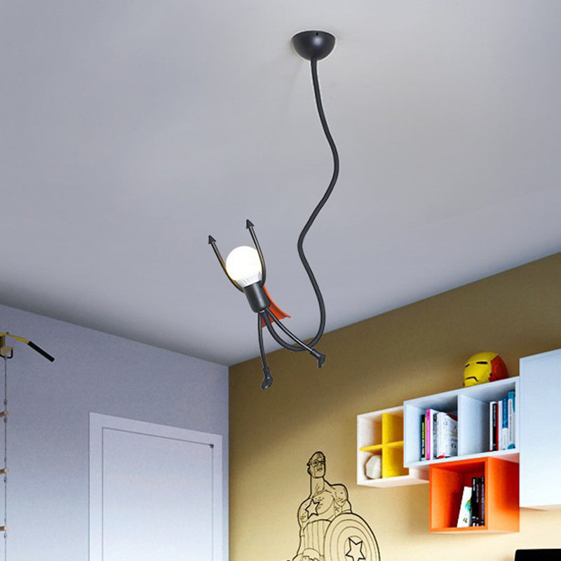 Super Hero Mini Suspension Pendant Light Cartoon Iron Single Kids Bedroom Hanging Lamp in Black with Exposed Bulb Design