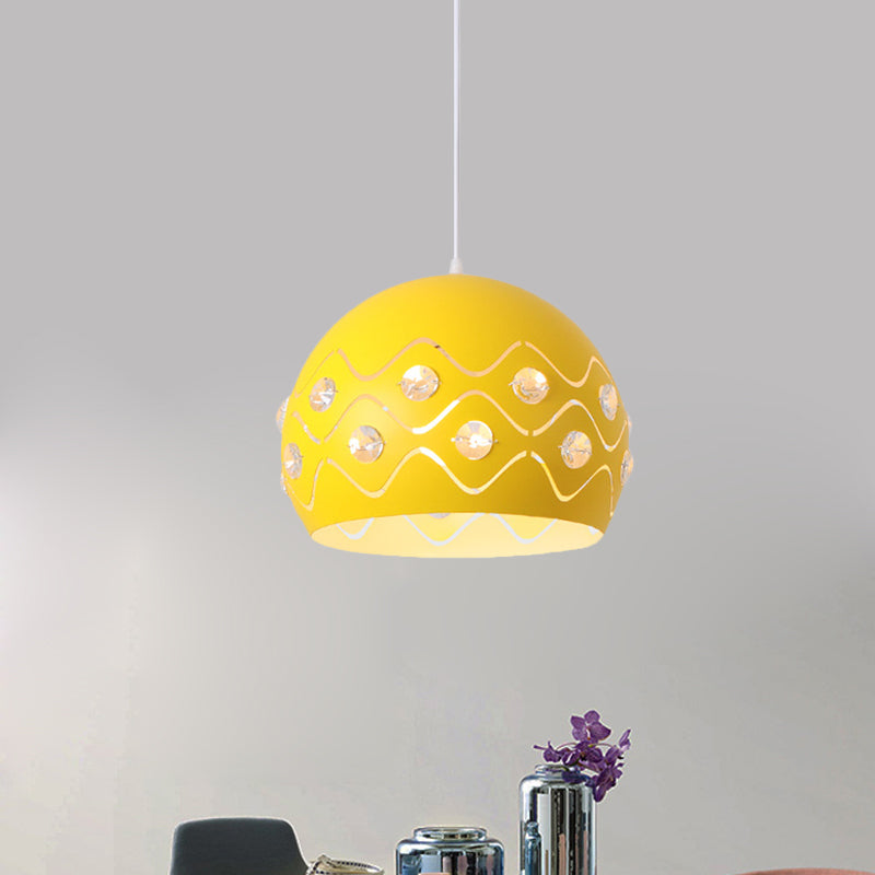 Coutures Dome Shade Drop Pendant Macaron Fer 1-Light Pink / Blue / Green Suspension Lampe avec décoration en cristal intégré
