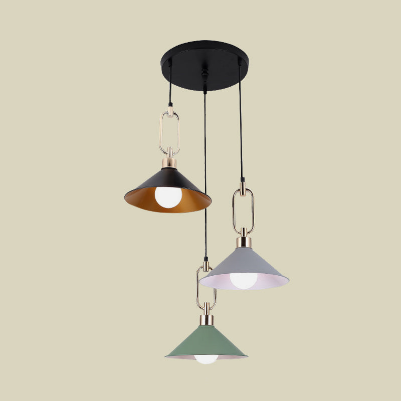 Colorful Flare Multi Light Pendant Macaron 3 Bulbs Iron Hanging Lamp with Black Round/Linear Canopy