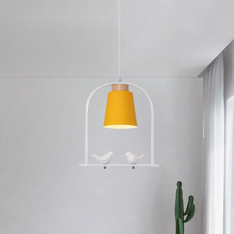 Péndulo de hierro Péndulo Macaron 1 Cabeza Gris/amarillo/Kit de lámpara colgante de arco con marco y decoración de pájaros