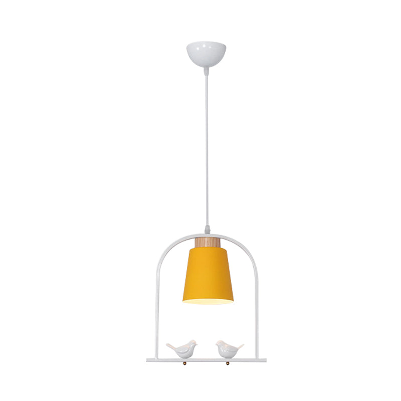 Iron Bucket Pendulum Light Macaron 1 Head Grey/Yellow/Pink Hanging Lamp Kit with Arch Frame and Bird Decor