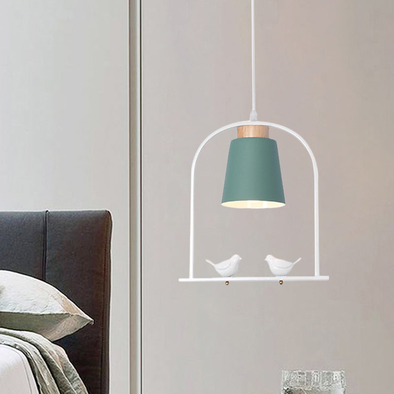 Macaron léger du pendule de seau en fer 1 kit de lampe suspendue gris / jaune / rose avec cadre arc et décoration d'oiseaux