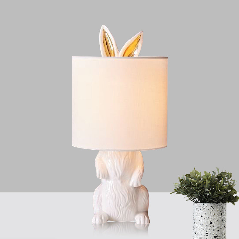 Resin Rabbit Shaped Table Light Countryside Style 1-Light Bedside Fabric Night Lamp in White