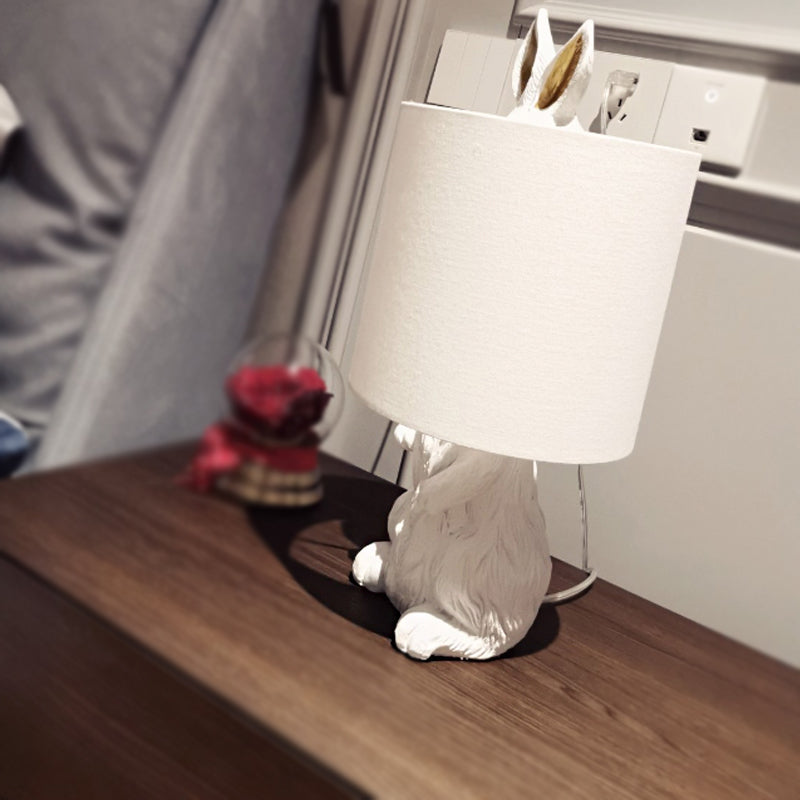 Resin Rabbit Shaped Table Light Countryside Style 1-Light Bedside Fabric Night Lamp in White