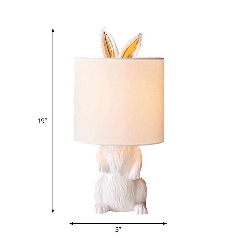 Resin Rabbit Shaped Table Light Countryside Style 1-Light Bedside Fabric Night Lamp in White