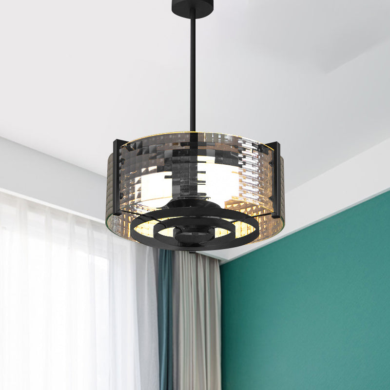 Black 3-Head Semi Flush Mount Light Vintage Clear Trellis/Stripe Glass Drum Ceiling Lamp Fixture