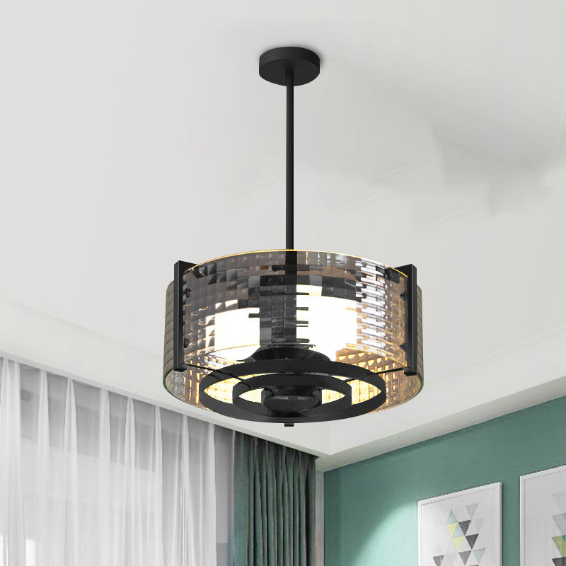 Black à 3 têtes Semi Flush Mount Light Vintage Vintage Clean Trellis / Stripe Glass Drum Plafond Lampe Fixture