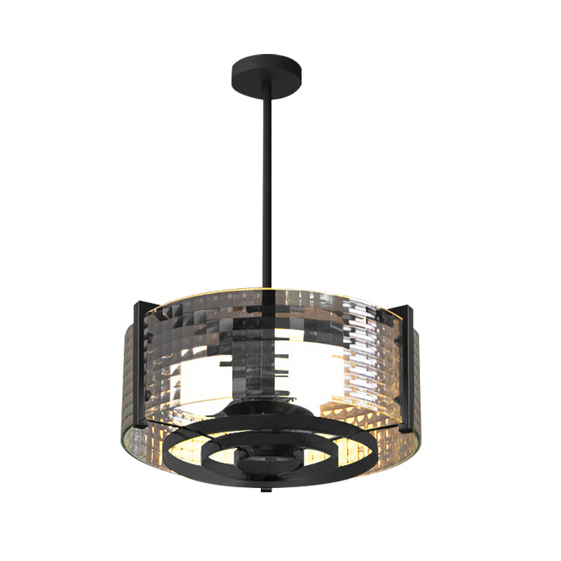 Black 3-Head Semi Flush Mount Light Vintage Clear Trellis/Stripe Glass Drum Ceiling Lamp Fixture